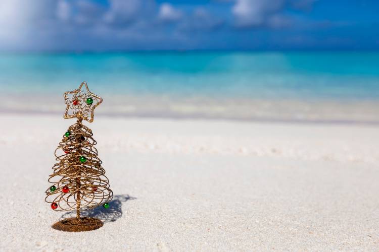 christmas tree on sandy tropical beach
